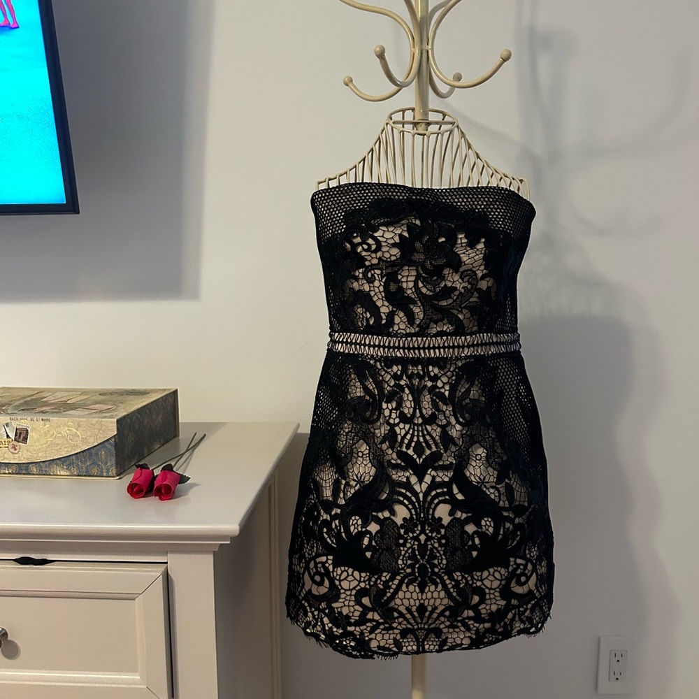 Express Black and Tan Strapless Sheath Dress